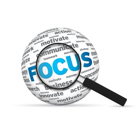 Focus 3d Word Sphere with magnifying glass on white background.の写真素材