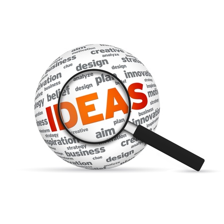 Ideas 3d Word Sphere with magnifying glass on white background.の写真素材