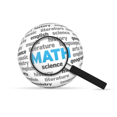 Mathematics 3d Word Sphere with magnifying glass on white background.の写真素材
