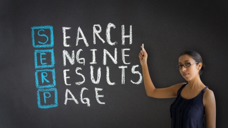 Woman pointing at an Search Engine Results Pagellustration.の写真素材
