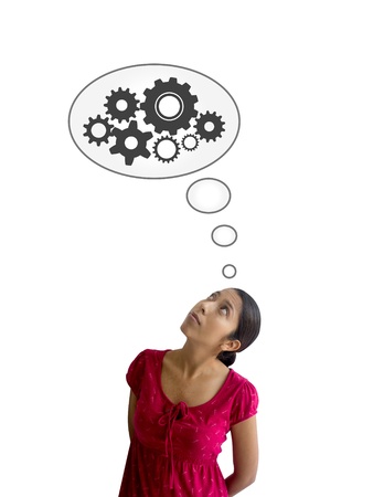 Woman looking up at a several speech bubbles and is thinking. の写真素材