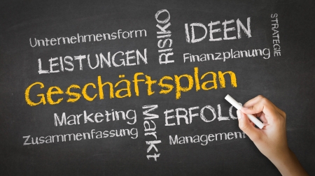 A person drawing and pointing at a Business Plan Chalk Drawing の写真素材