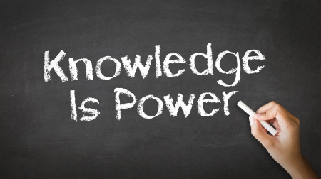 A person drawing and pointing at a Knowledge Empowers You Chalk Illustrationの写真素材