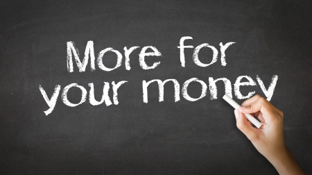 A person drawing and pointing at a More for your money Chalk Illustrationの写真素材