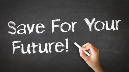 A person drawing and pointing at a Save For Your Future Chalk Illustrationの写真素材