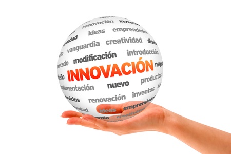 A person  holding a 3D Innovation Sphere ilsolated on white.の写真素材