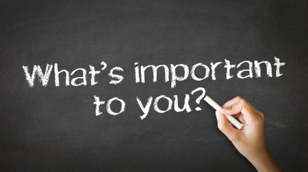A person drawing and pointing at a What is important to you Chalk Illustrationの写真素材