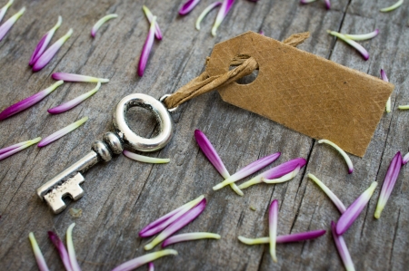 A Key with a label on wood background and purple flower petalsの写真素材