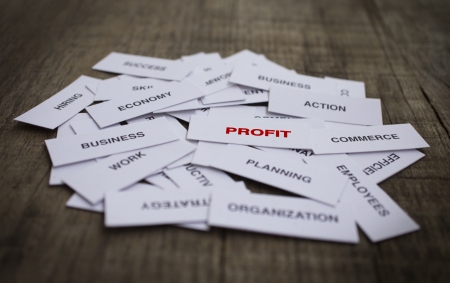 Paper strips with Profit Concept related words on wooden backgroundの写真素材