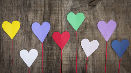 Several colorful paper hearts on wooden textured backgroundの写真素材