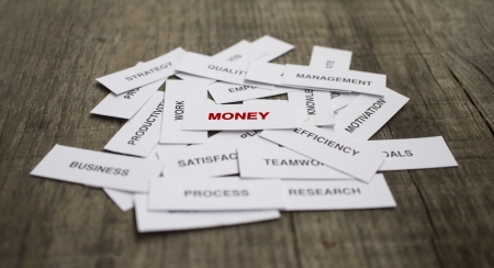 Paper strips with Money related words on wooden の写真素材