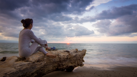 Woman sitting on a tree trunk enjoying the sunsetの写真素材