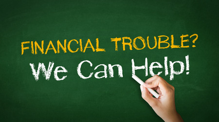 A person drawing and pointing at a Financial Trouble Chalk Illustrationの写真素材