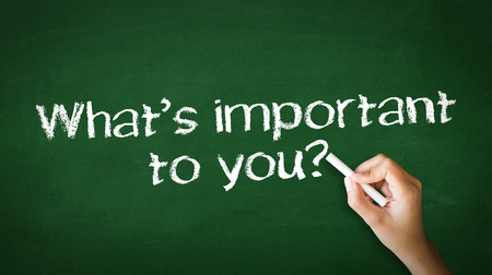 A person drawing and pointing at a What is important to you Chalk Illustrationの写真素材