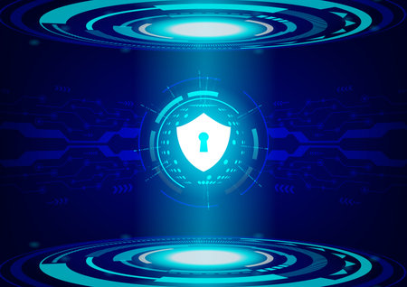 Cyber Security Concept : Shield on future technology Digital Background.のイラスト素材