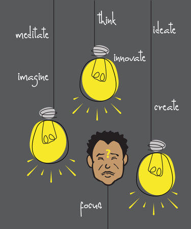 Vector illustration depicting a man concentrating, meditating, thinking about ideas to innovate.のイラスト素材