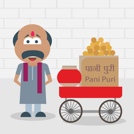 Vector illustration of a roadside food vendor with a hand cart stall selling Indian snack called pani puri which is also known as gol gappe, or puchka.のイラスト素材
