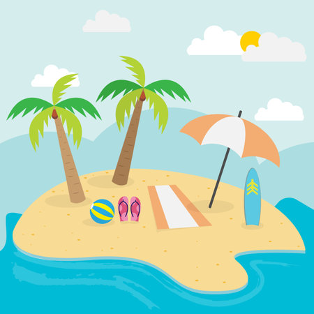 A vector illustration of a travel destination representing an island with a beach, palm trees, play ball, footwear, umbrella, surfboard, and a mat.のイラスト素材