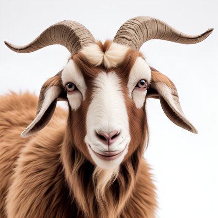 Portrait of a goat with big horns on a white background. Studio shot.の写真素材