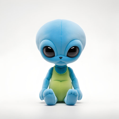 3d render of a cute alien cartoon character with blue eyes sitting on white background. Studio shot.の写真素材