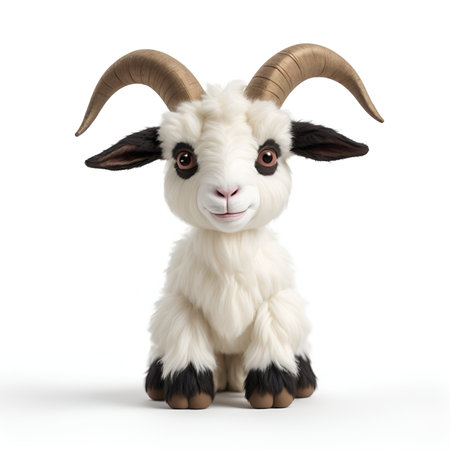 Funny goat with big horns isolated on white background. Studio shot.の写真素材