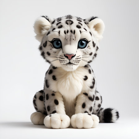 Cute snow leopard sitting on white background. Studio shot.の写真素材