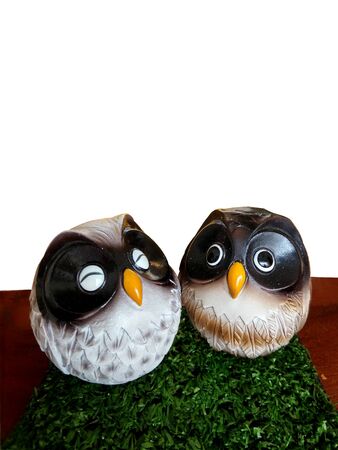 Carved wooden owl on a wooden table white backgroundの写真素材