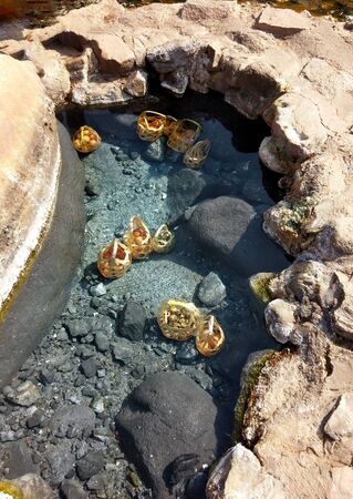 The basket of Boil eggs in mineral water of natural hot spring at Chae Son National Park, Lampang, Thailand.の写真素材