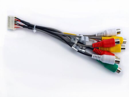 Car Wiring set with audio plug, closeup and isolated on a white backgroundの写真素材