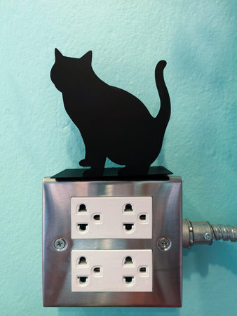 The decoration is a black cat. Put on electrical outlet Blue background with clipping path