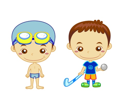 A swimmer and a hockey player isolated on white background  Kids and Sports series  のイラスト素材
