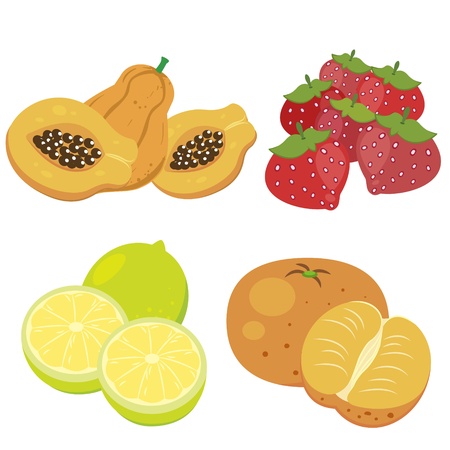 four cute fruits with papaya, mandarin orange, lemon,and strawberry  のイラスト素材