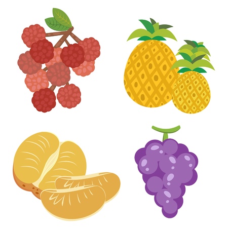 four cute fruits with litchi, mandarin orange, pineapple,and grapes  のイラスト素材