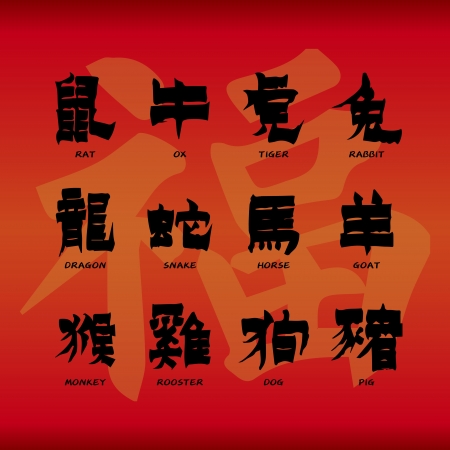 Chinese zodiac symbols on red paper background のイラスト素材