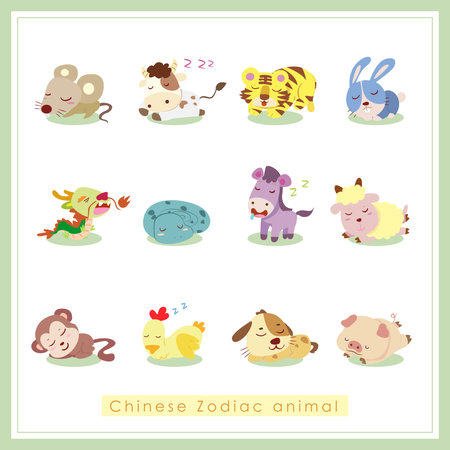 12 Chinese Zodiac animal stickers,cartoon vector illustrationのイラスト素材