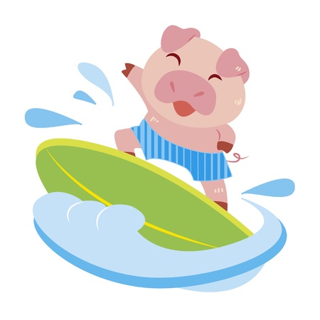 a cute pig rides on a surfboard のイラスト素材