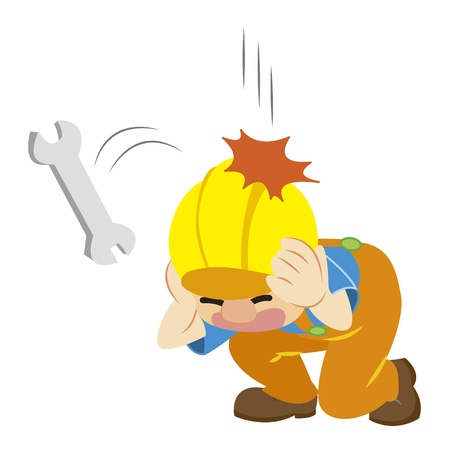 a builder in yellow helmet avoid dropping wrenchのイラスト素材