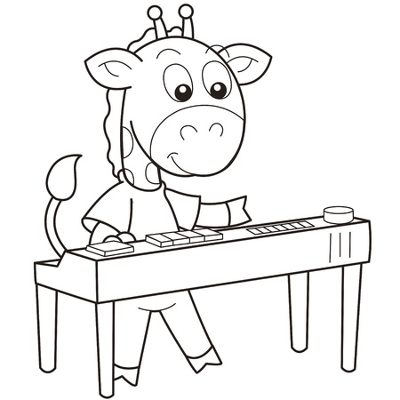 Cartoon giraffe playing an electronic organ black and whiteのイラスト素材