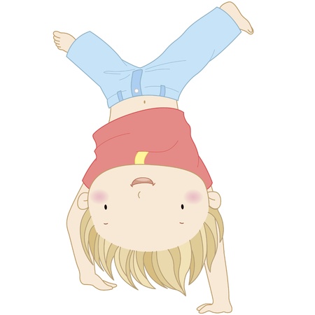 illustration of a playful boy standing on his arms with legs pointing upwards over white background のイラスト素材