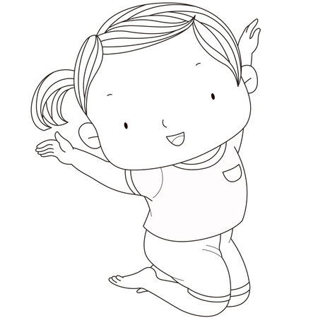 illustration of a cute girl jumps, black   white line のイラスト素材