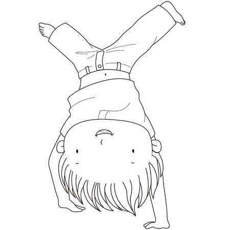 illustration of a playful boy standing on his arms with legs pointing upwards over white background のイラスト素材