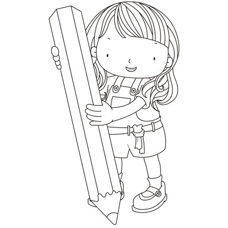 coloring illustration of a girl with pencil.のイラスト素材