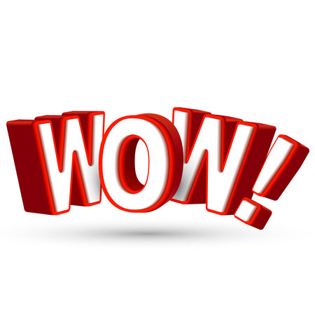 The word Wow in big red 3D letters to show surprise and astonishment at something amazing, awesome and surprising isolated white backgroundのイラスト素材