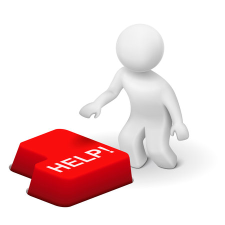 3d man, person with a keyboard and text help isolated white background