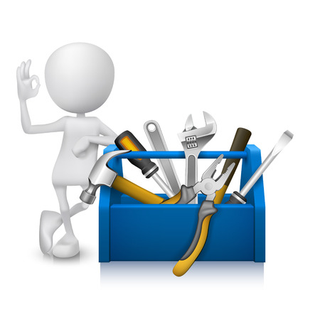 3d man showing okay hand sign with a toolbox with toolsのイラスト素材