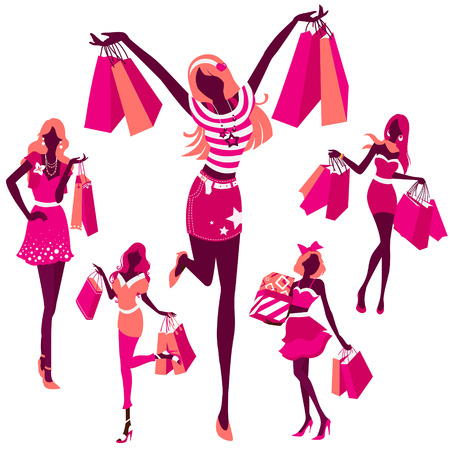 silhouette illustration set of  of girls with shopping bagsのイラスト素材