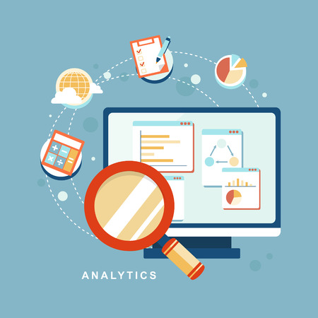 flat design icon set of website SEO optimization, programming process and web analytics elementsのイラスト素材