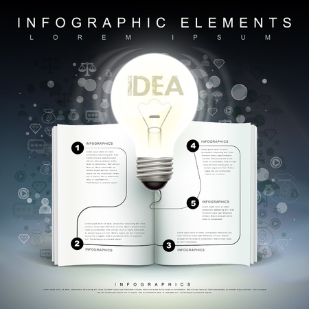 creative template with a bulb and a book flow chart, can be used for infographics and banners or posters, concept vector illustrationのイラスト素材