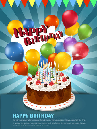 colorful happy birthday celebration poster template with cake, balloons elementsのイラスト素材