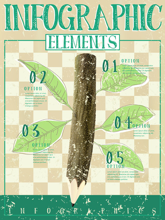 ecology style template infographic with wooden pen and leafs flow chartのイラスト素材